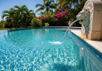 Luxury poolside serenity with ornate lion head fountain on a sunny day