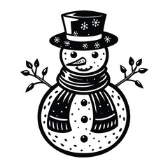 Vector black and white christmas snowman illustration with hat and scarf for holiday season art