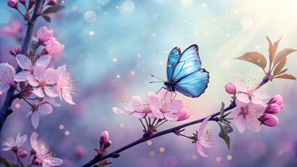 A vibrant blue butterfly gently rests on delicate pink cherry blossoms, bathed in soft, ethereal light with sparkling bokeh.