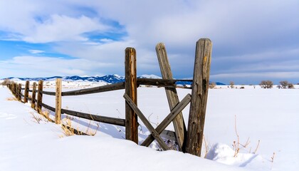 Rustic wooden fence in snowy landscape