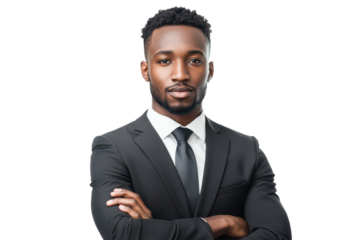 Confident African businessman poses for a professional portrait against a clean white background showcasing style and determination in a corporate setting
