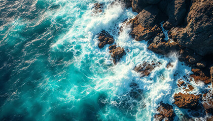 Obraz premium Aerial view of ocean waves crashing on rocks. 