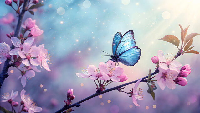 A vibrant blue butterfly gently rests on delicate pink cherry blossoms, bathed in soft, ethereal light with sparkling bokeh.