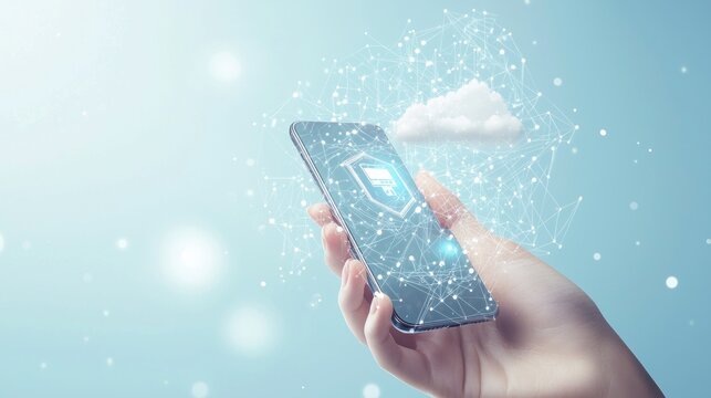 Close up of female hand holding mobile phone with digital shield and clouds on light blue background with binary coding and mock up place. Secure online payment and data guard concept