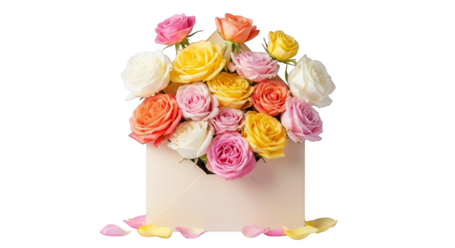 Pastel roses overflowing from ivory envelope