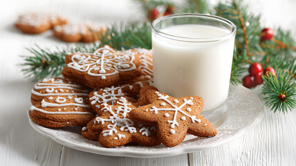 Christmas gingerbread cookies with milk and pine branches