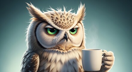 Grumpy owl with green eyes holding a white mug of coffee, looking tired and needing caffeine to wake up
