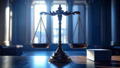 A bronze scale of justice stands prominently on a polished wooden table within a dimly lit, grand legal chamber, symbolizing law and fairness.