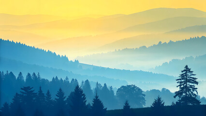 Obraz premium Misty Sunrise Over a Mountainous Forest Landscape.