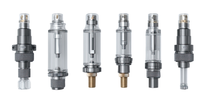 Five cylindrical, clear-chambered components, likely for precision machinery or industrial use.  Metal housings, clear parts, and visible internal elements.  Various sizes and configurations
