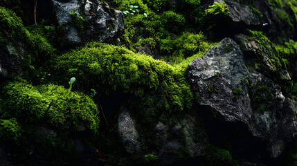 Lush green moss blankets ancient weathered rocks in a dark forest creating a vibrant natural texture and serene woodland atmosphere