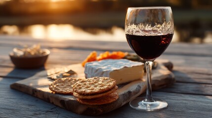 Glass of wine casting shadow beside cheese and crackers on rustic board at sunset