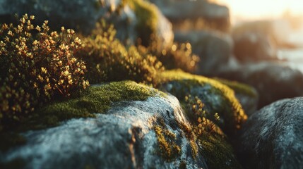 Sunlit moss-covered rocks create a peaceful, miniature natural landscape