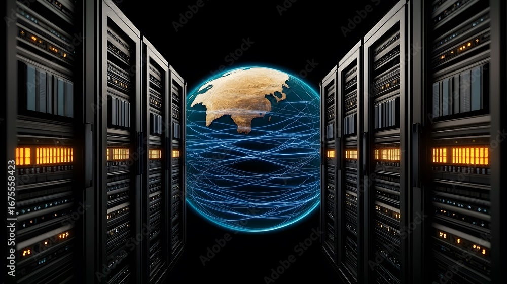Poster the image shows server racks flanking a glowing globe of earth with light trails, symbolizing global