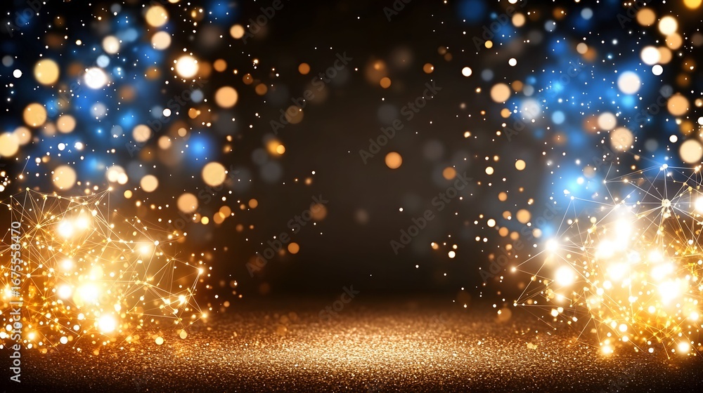 Poster the image showcases a festive bokeh background with sparkling gold and blue lights, a golden confett