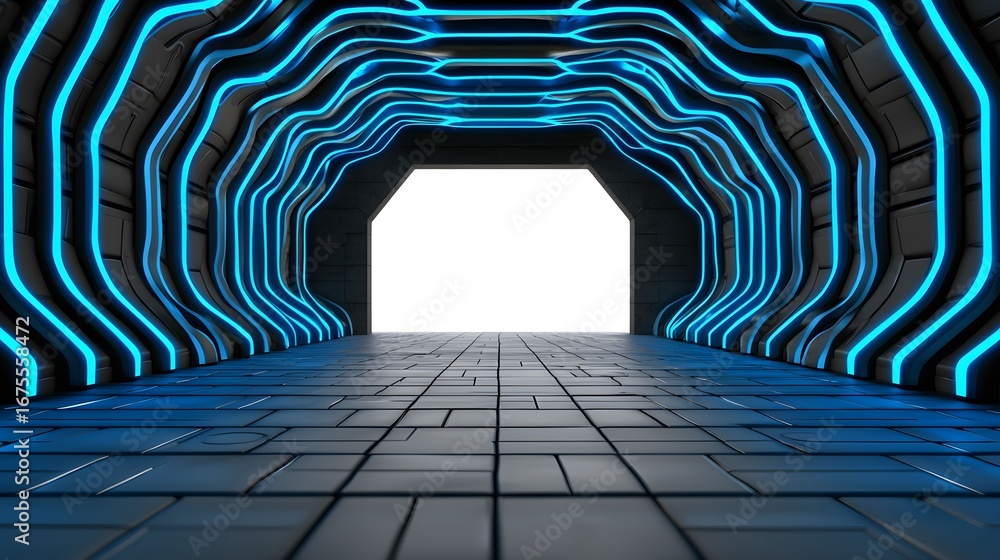 Aufkleber the image shows a futuristic tunnel with blue neon light strips lining the walls and a bright exit l