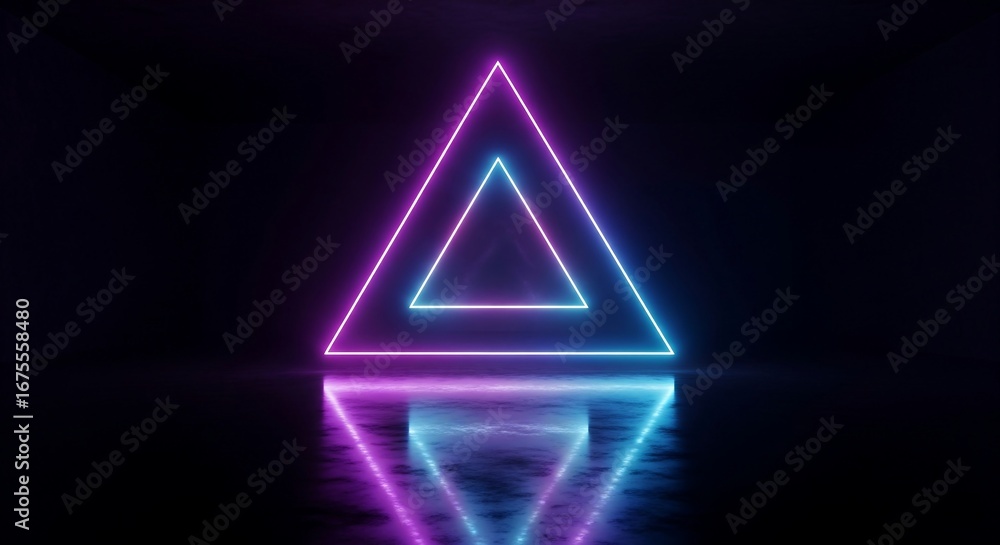 Poster neon glowing triangle shape abstract futuristic background with a reflection on the floor.
