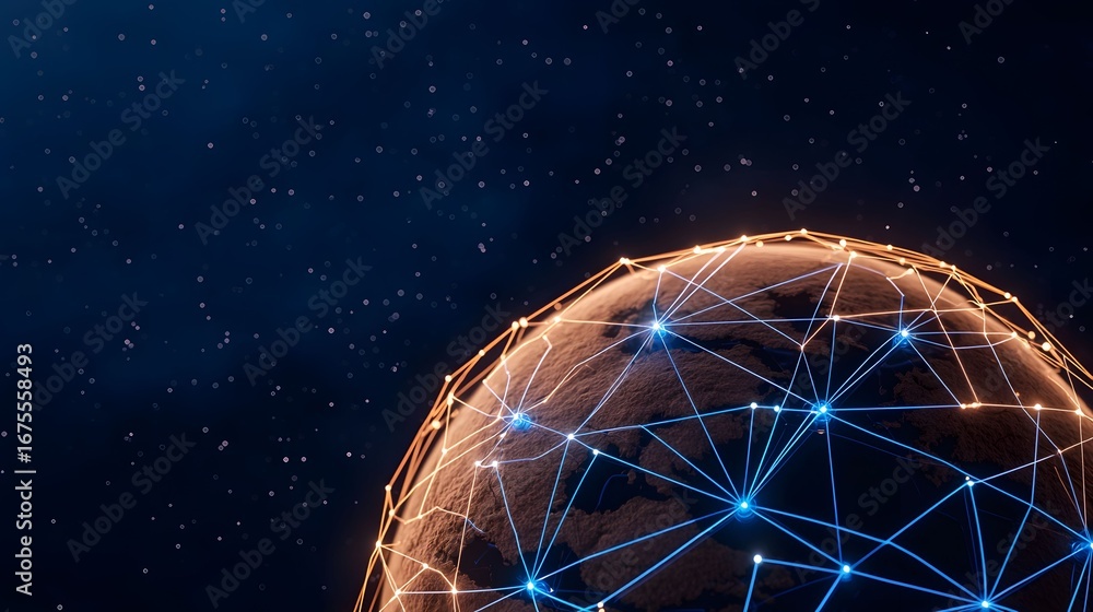 Aufkleber the image shows a digitally rendered earth surrounded by a glowing network of interconnected lines, 