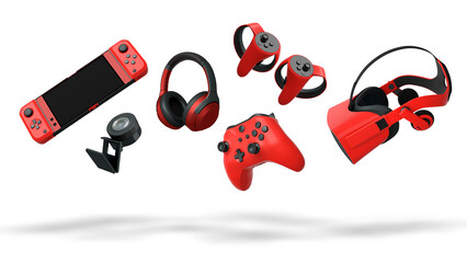 Floating gaming accessories like keyboard, mouse, controller, headset and VR goggles on white background with clipping path