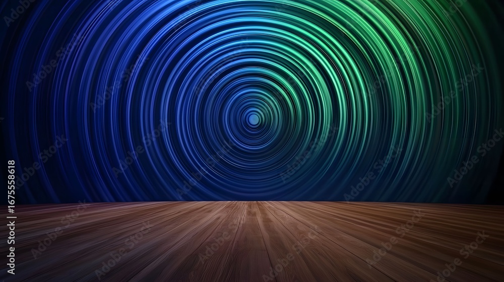 Poster the image features a brown wood floor with a dynamic background showcasing concentric circles shifti