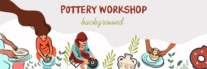 Horizontal banner , seamless border, pottery workshop. Vector flat line hand drawn isolated illustration.