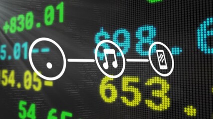 Light flare spawning WiFi icon linking music note to smartphone on shifting ticker - Powered by Adobe