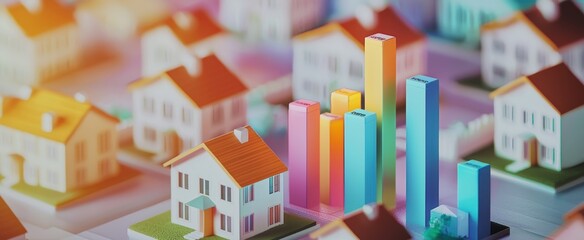 Real estate market trend visualization with houses and ascending bar graph. Housing economy and investment concept. 3D Rendering