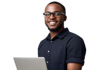 Smiling man with glasses holding a laptop at a bright location while looking confidently at the camera during a casual moment