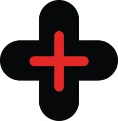 Red plus sign icon on black shape symbolizing addition or health care vector