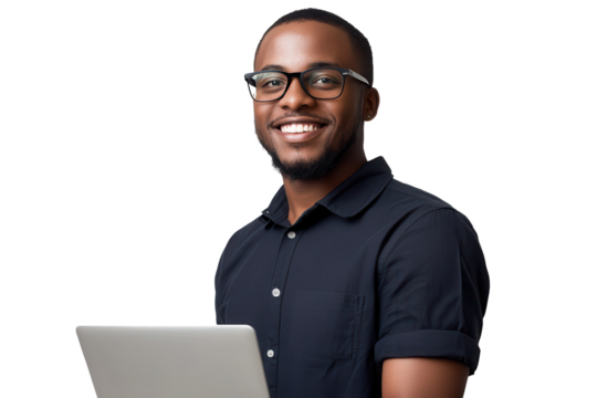 Smiling man with glasses holding a laptop at a bright location while looking confidently at the camera during a casual moment