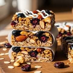 Fototapeta premium Stacked granola bars with berries and nuts on wooden board, balanced diet