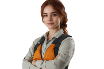 Technician engineer in work clothes confidently posing with arms crossed, showcasing expertise in a professional environment