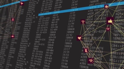 Black screen fading into pink gold node network error table sliding highlighting showing data links