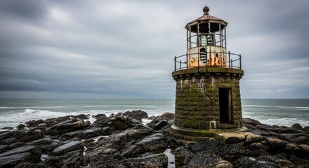 Abandoned Lighthouse on Rocky Coastline Under Overcast Sky