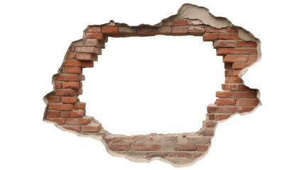 Cracked brick wall hole with rough edges isolated on transparent background