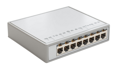 Light gray network device with eight RJ45 ports