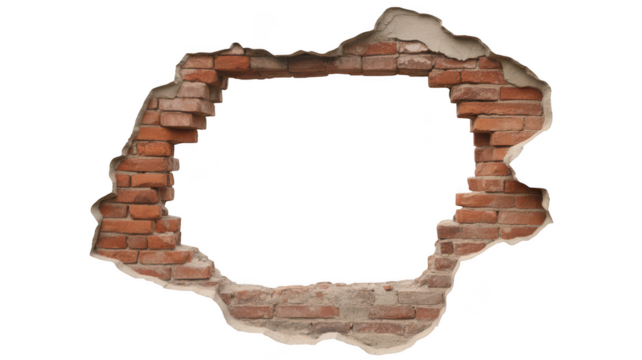 Cracked brick wall hole with rough edges isolated on transparent background
