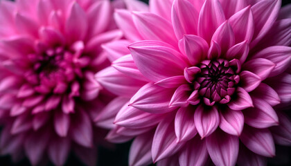 Close-up of two pink dahlia flowers on a dark background.

