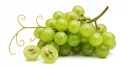 Fresh green grapes bunch with water drops, a juicy cluster of ripe green grapes isolated on a white background. This healthy fruit, a cut green grape, shows seeds inside.