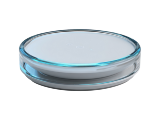 Circular, light gray device with translucent base.  Sleek, modern design.  Glass accents