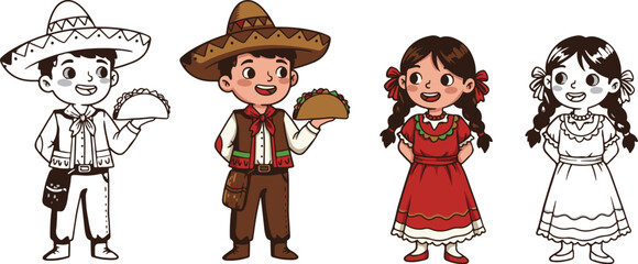 Cute Mexican Boy Holding Taco with Girl in Traditional Clothing. Mexican Independence Day