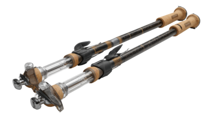 Two hiking poles, angled, showing a composite construction of black and beige/tan materials.  The poles have a telescopic design, with visible joints and attachments.