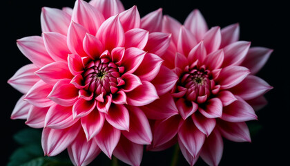 Fototapeta premium Close-up of two pink dahlia flowers on a dark background. 