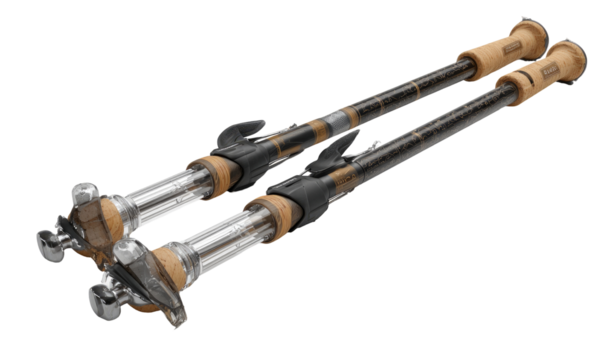 Two hiking poles, angled, showing a composite construction of black and beige/tan materials.  The poles have a telescopic design, with visible joints and attachments.