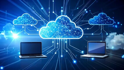 Cloud computing concept with laptops connected to interconnected networks and data clouds - Powered by Adobe