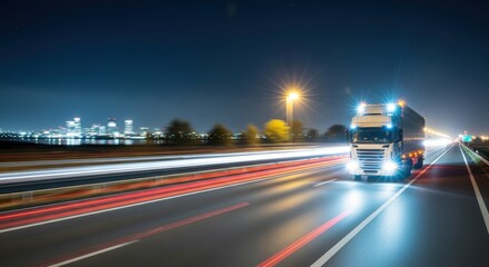 Illuminating transport freightliner expediting across expansive road at twilight