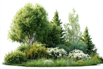 Lush green trees and vibrant shrubs create a serene meadow landscape isolated on a bright background during a sunny day in spring
