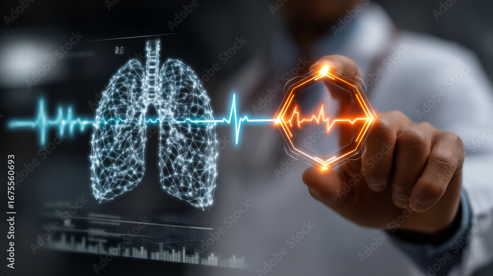 Poster high-tech visualization of medical diagnostics with lung and heart graphical elements