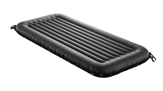 Dark gray, rectangular inflatable sleeping pad, featuring vertical channels