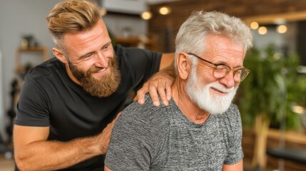 Young therapist assisting senior man with posture in a health and wellness setting